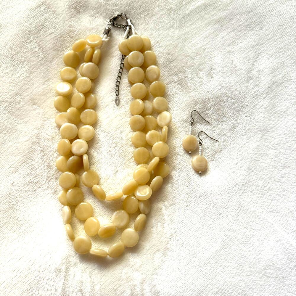 Vintage Triple Strand Light Caramel Color Beaded Necklace with Matching Earrings